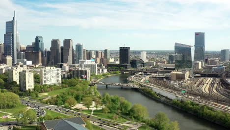 aerial pan left of philadelphia skyline at sunset from the benjamin franklin parkway