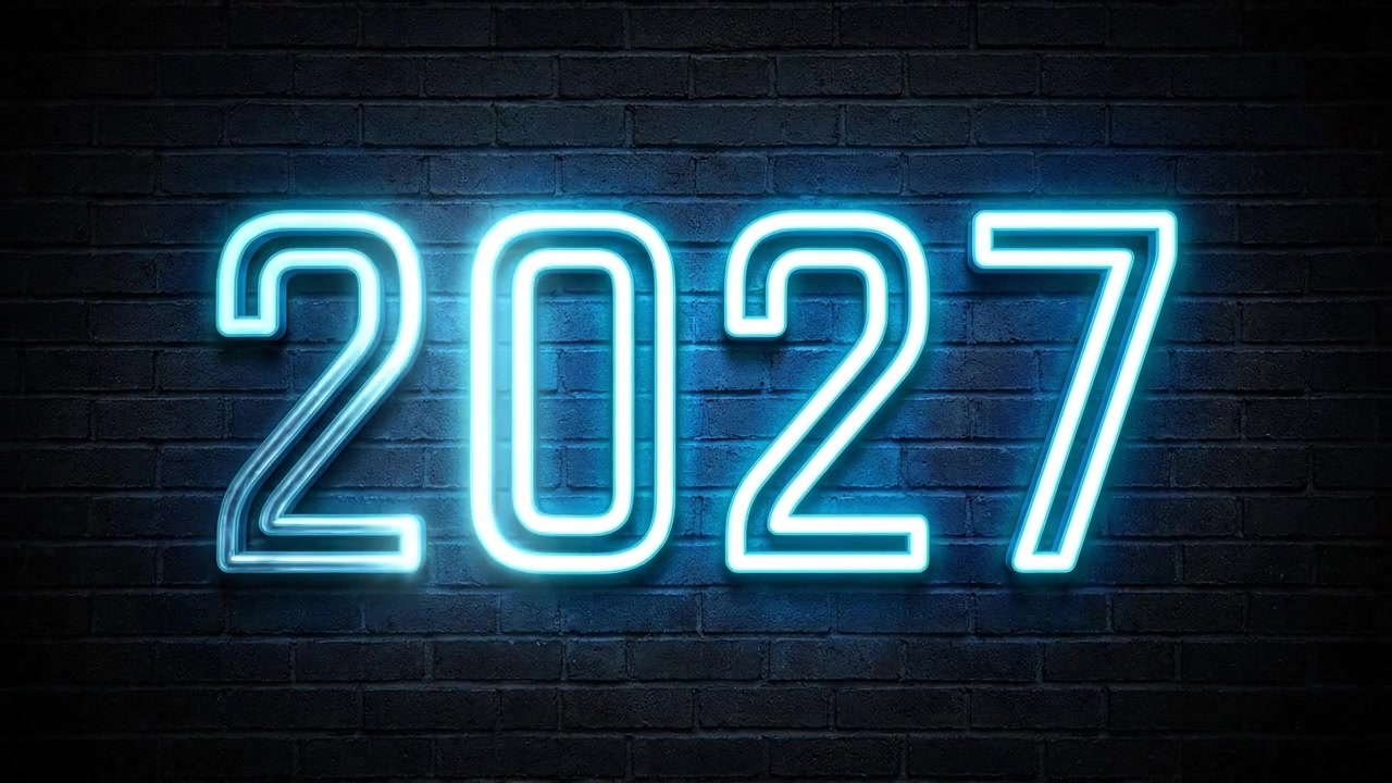 Neon Sign Displaying the Year 2027 on a Brick Wall