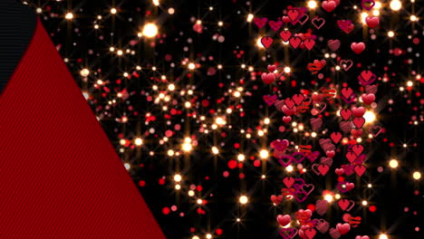 animación de la esquina roja sobre puntos de luz y corazones
