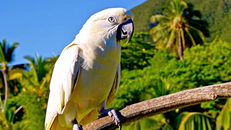 white cockatoo perched on a branch in tropical setting