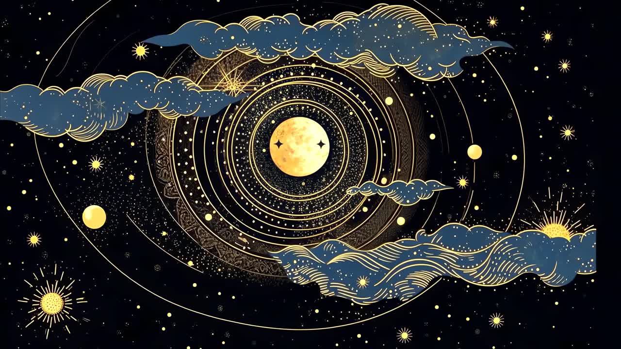 Vídeo arte com tema celestial e estilo cósmico, apresentando um ângulo de cima para baixo de estrelas e nuvens