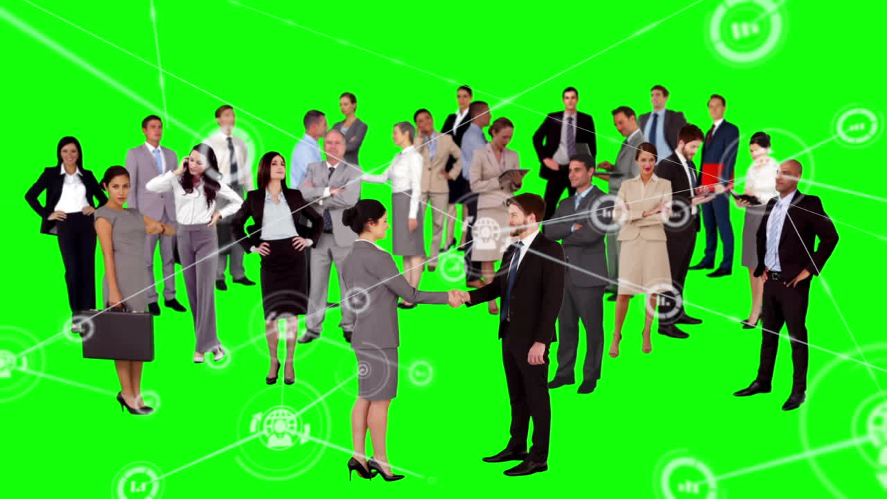 녹색 화면에서 다양한 사업가들에 대한 아이콘과 연결 네트워크의 애니메이션