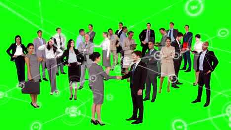 Animation-of-network-of-connections-with-icons-over-diverse-business-people-on-green-screen