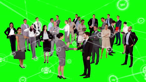 animación de la red de conexiones con iconos sobre diversas personas de negocios en pantalla verde