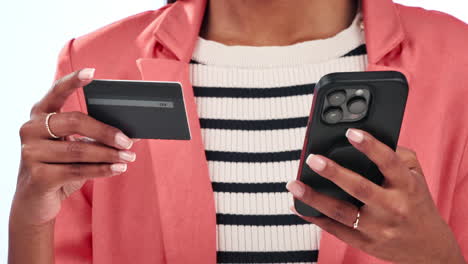 hands, phone and woman with credit card in studio