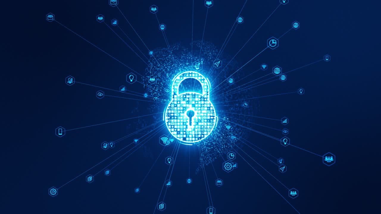 Motion graphic of Blue digital security key and earth sphere with line connection and data transfer to icon futuristic technology abstract background network security concept seamless loop video