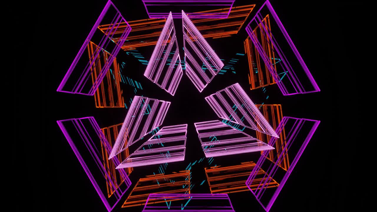 VJ Loop Rotations of Abstract Flashing Neon Figures on a Dark Background.