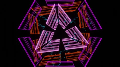 vj loop rotations of abstract flashing neon figures on a dark background.