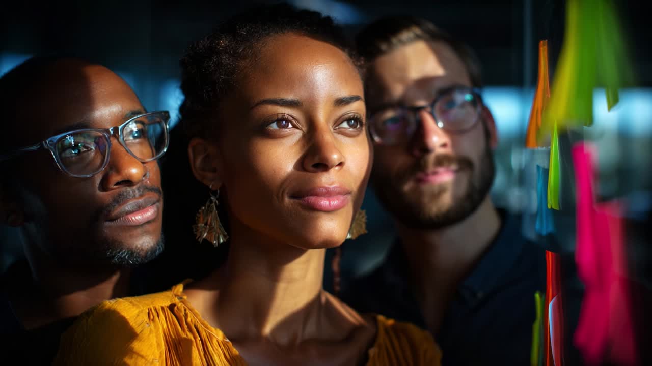 A poignant moment captured in time, showcasing the contemplative expressions of three individuals, highlighting their diverse emotions and the striking interplay of light and color around them