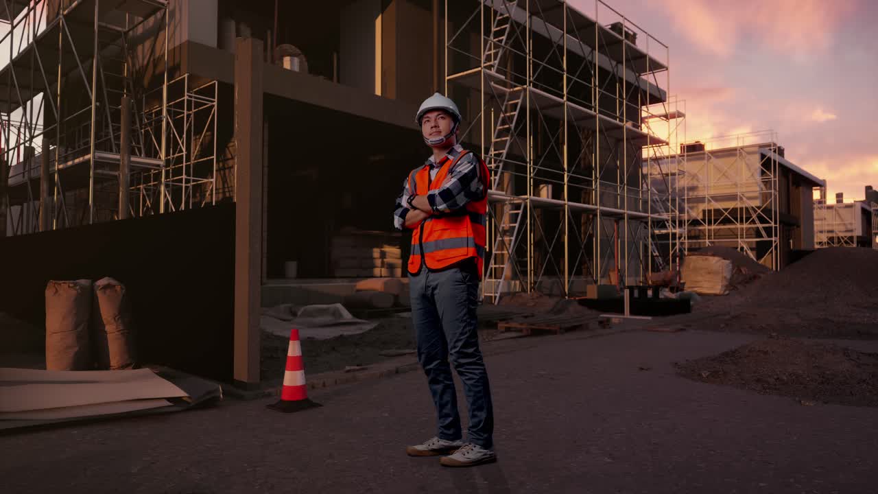 Construction Worker Standing with Arms Crossed at Building Site at Sunset