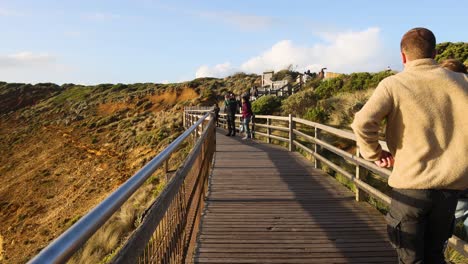 people walking on a boardwalk with scenic views