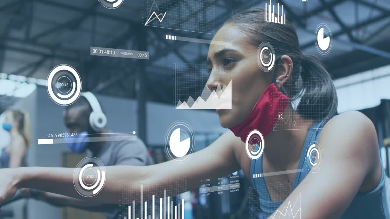 Adult woman pedaling on stationary bike and initiating animated HUD charts updating fitness metrics