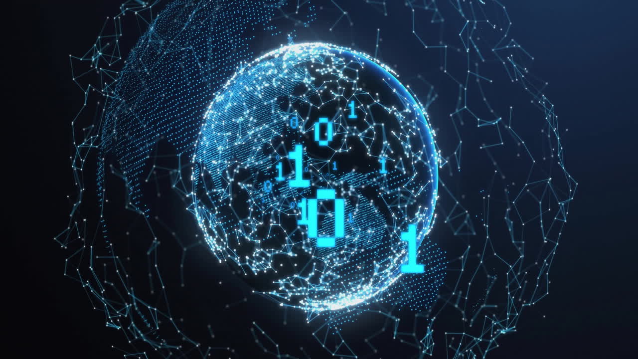 globo digital con código binario y animación de conexiones de red