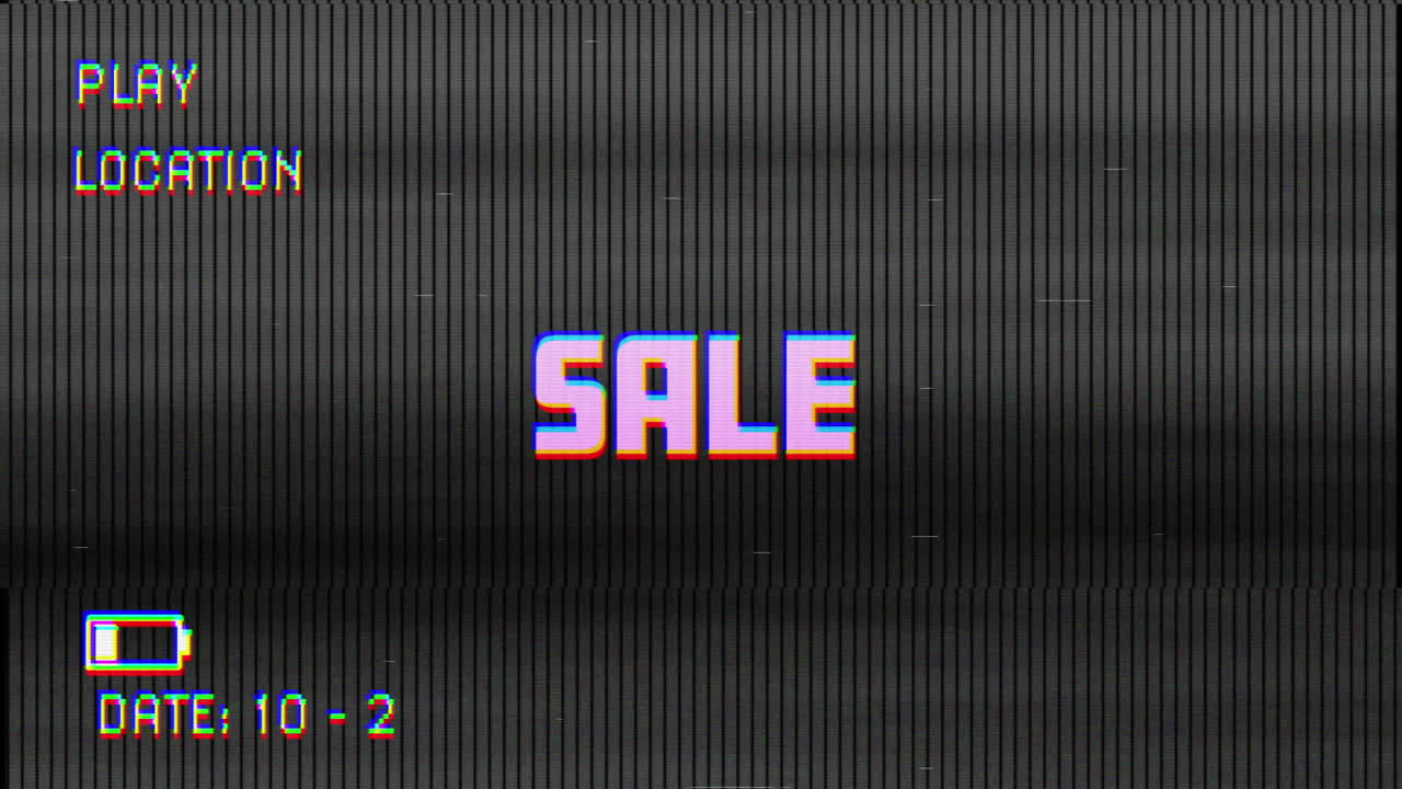 블랙 배경에 대한 판매 텍스트에 대한 플리치 vhs 효과의 디지털 애니메이션