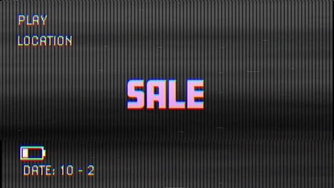 animación digital de glitch vhs efecto sobre la venta texto contra fondo negro
