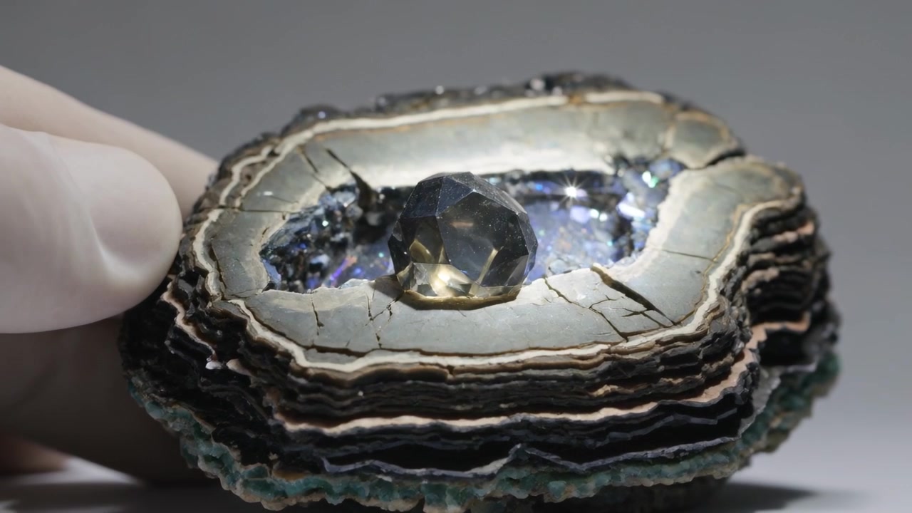 Dita guantate si avvicinano per regolare un geode stratificato su un tavolo grigio, rivelando una gemma sfaccettata per lo studio.