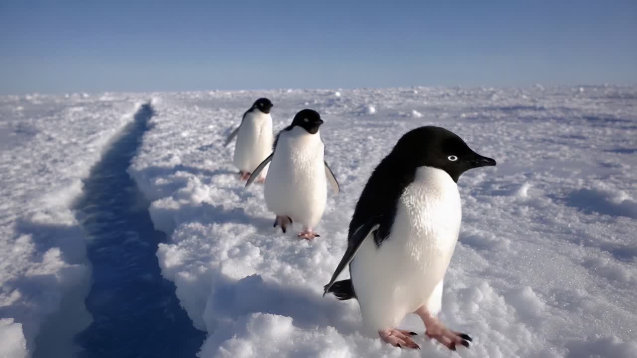 Adélie Penguins Navigating Through the Snowy Antarctic Landscape, Showcasing Their Unique Appearance and Adaptations to Extreme Cold Environments