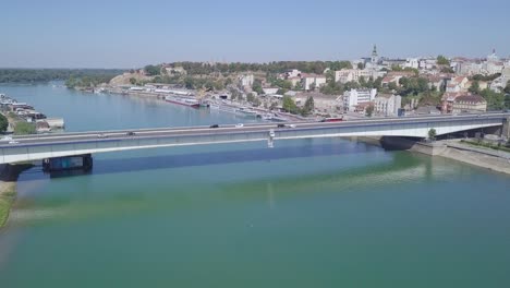 Static-4k-aerial-shot-of-Branko-bridge-in-Belgrade