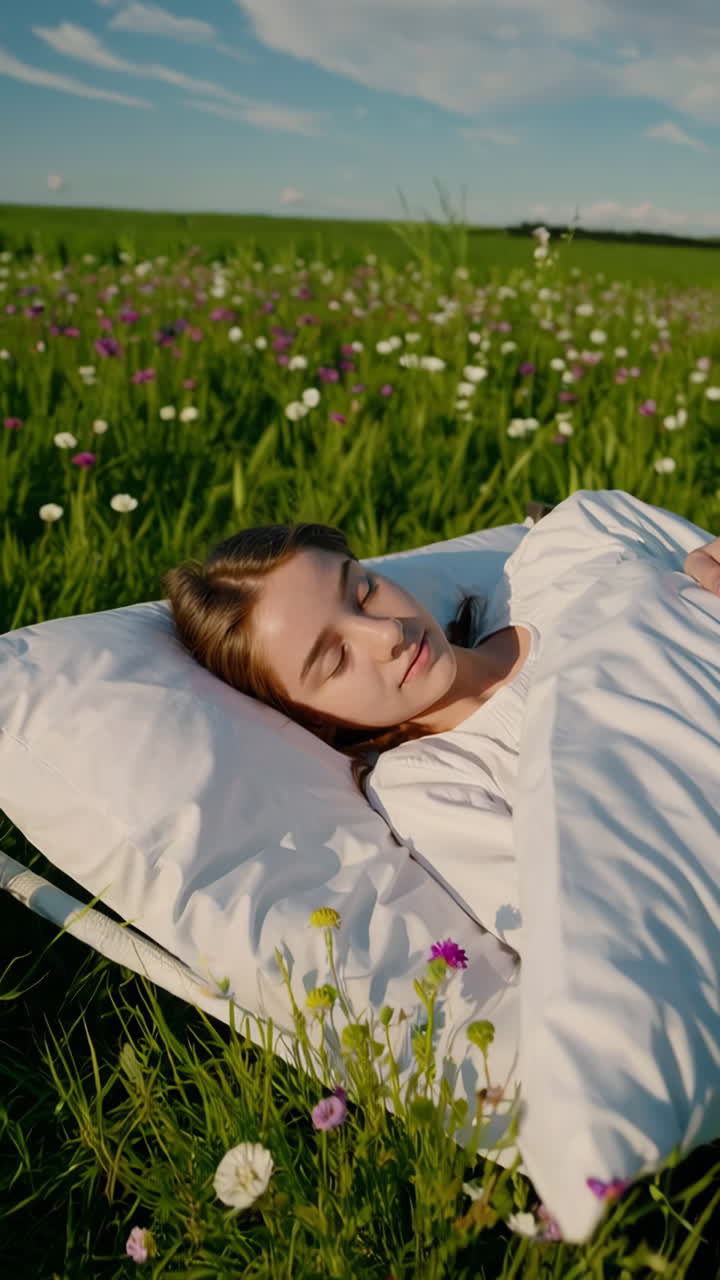 A young woman sleeps peacefully in a lush field of wildflowers under a bright sky.