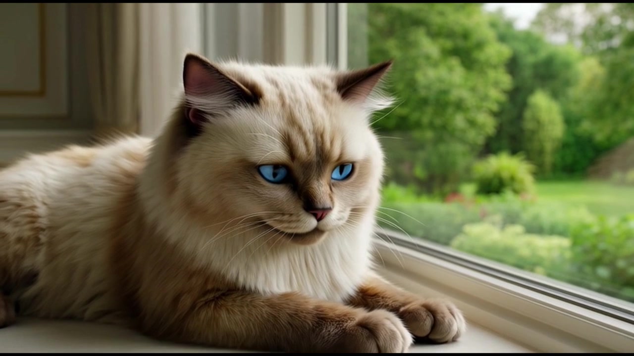 Gatto Ragdoll soffice che sbadiglia seduto vicino a una finestra.