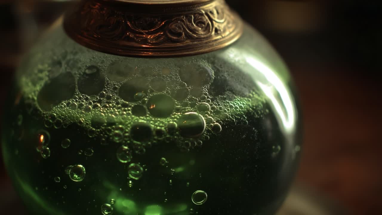 A Close-Up Perspective of a Decorative Glass Bottle Containing Bubbling Green Liquid, Capturing the Intricacies of the Bubbles and the Elegant Design of the Metal Cap