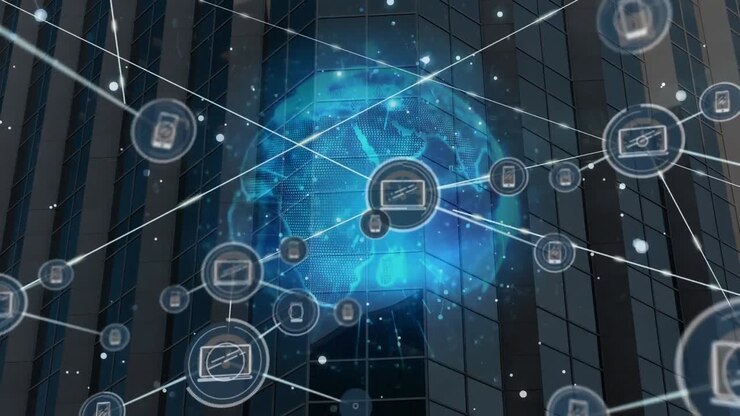 Animation of network of connections with icons over globe and cityscape