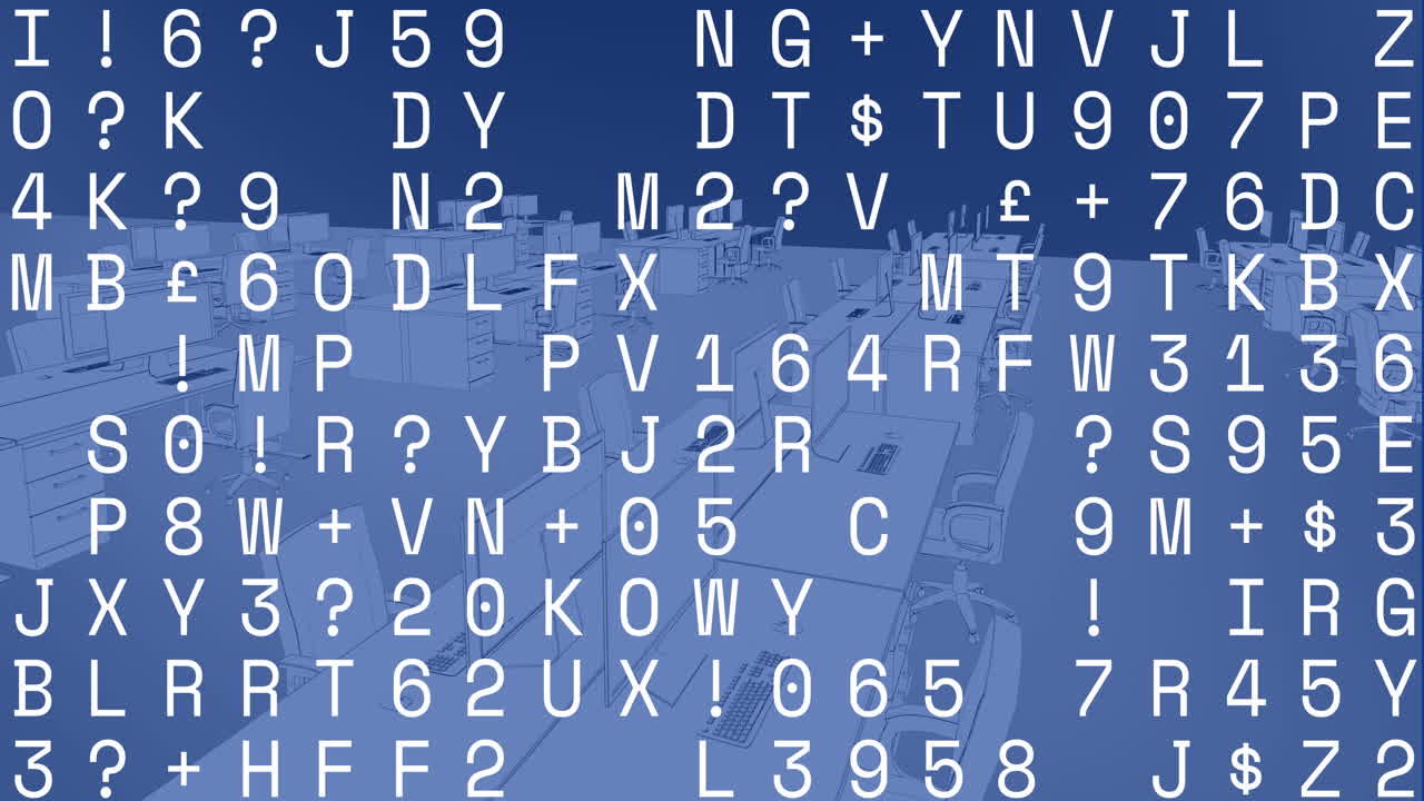 Animation of data processing over 3d office model against blue background