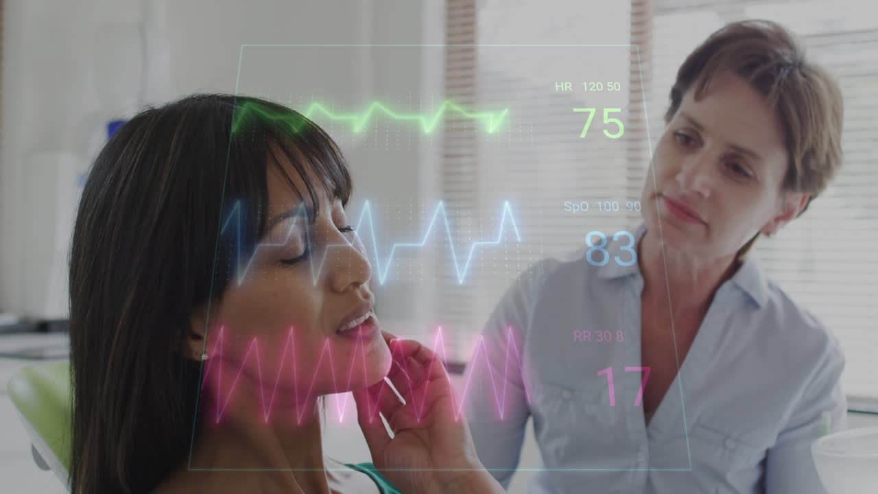 Healthcare provider palpating patient's neck upon AR display appearing guiding medical exam