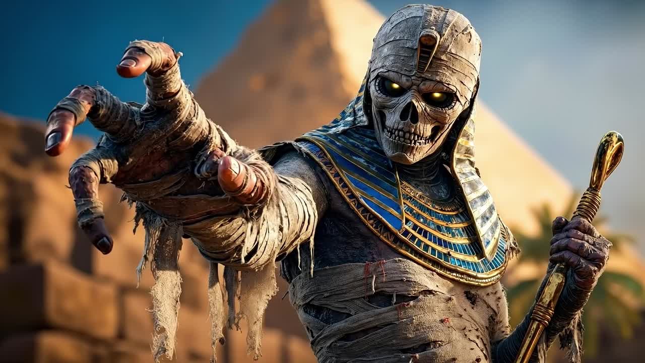 A man dressed as an Egyptian pharaoh holding a staff in front of a pyramid