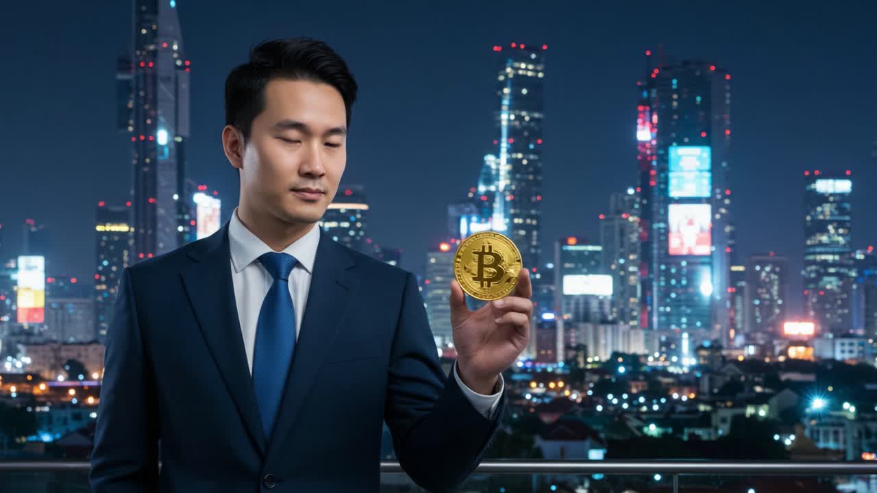 A poised individual in formal attire showcases a golden cryptocurrency coin against a vibrant city skyline at night, highlighting the intersection of finance and technology