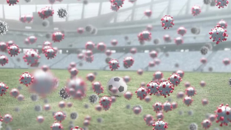 Animazione di cellule virali su un campo da calcio in uno stadio