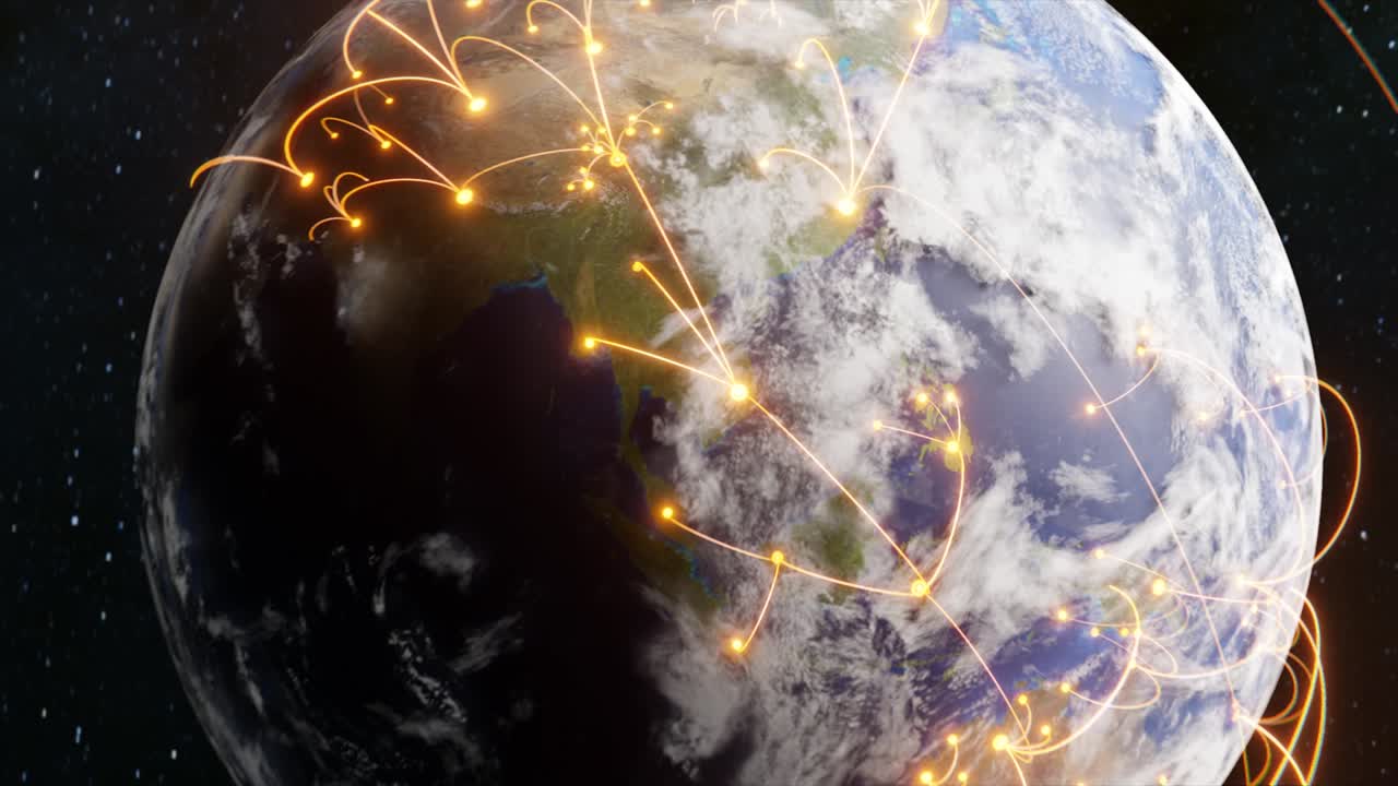 la globalización tecnológica de la tierra en animación 3d. puntos de negocios globales en un planeta giratorio.