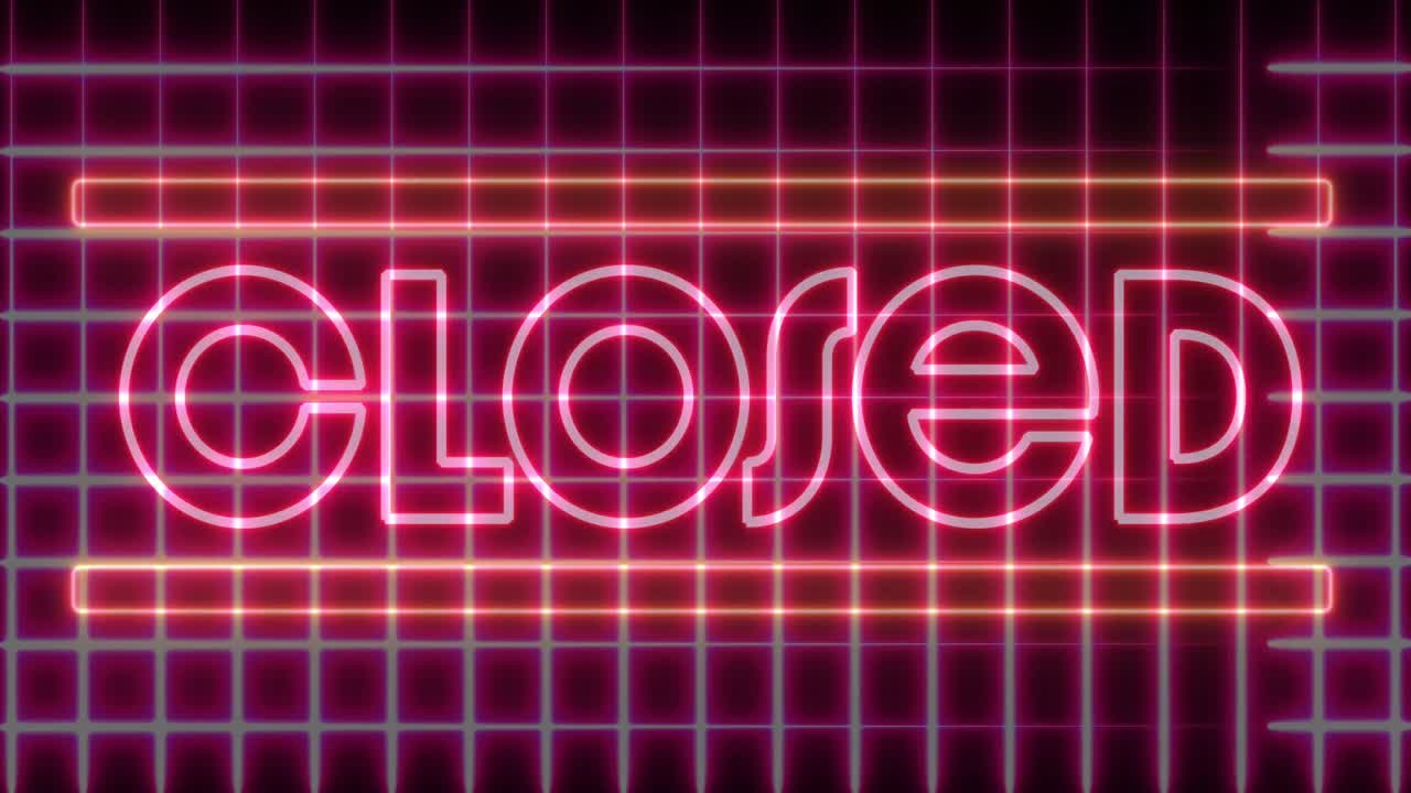 검은 바탕에 움직이는 그리드와 함께 분홍색 네온 글자로 닫힌 단어의 애니메이션