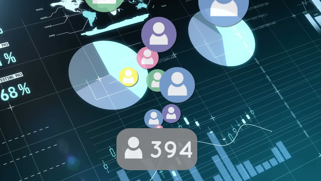 Animazione di numeri in aumento e icone di persone che fluttuano su un'interfaccia che elabora grafici e dati