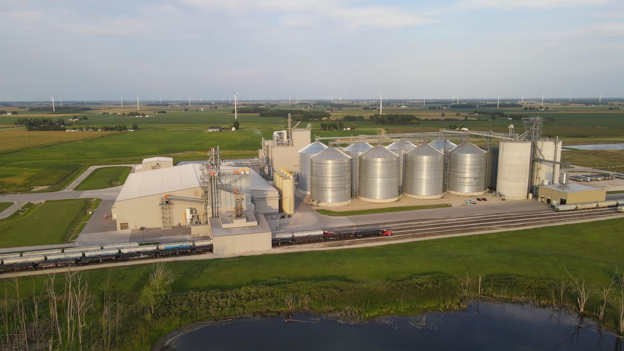 Grain elevator and silos in rural America, aerial view