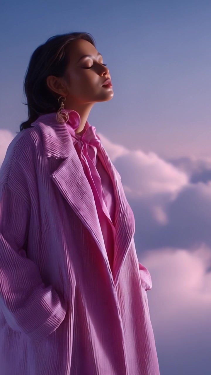Donna elegante in un vivace cappotto rosa si staglia contro un paesaggio di nuvole onirico, emanando tranquillità e stile mentre si crogiola in una luce soffusa ed eterea.