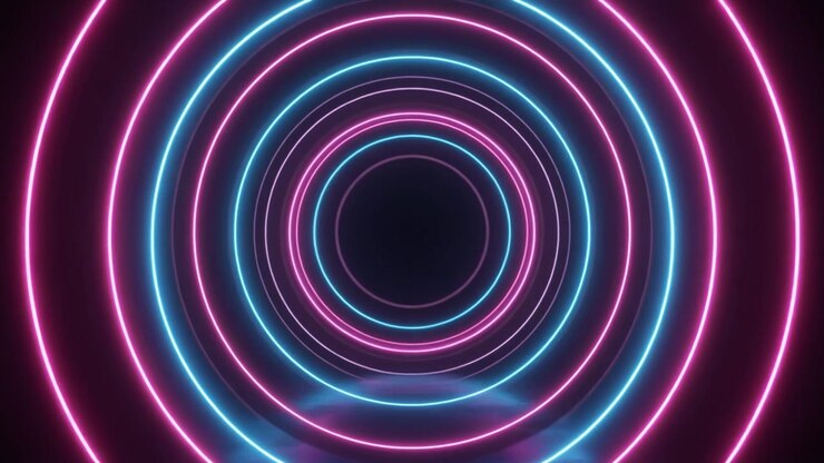 Túnel Abstrato de Círculos Luminosos em Rosa Neon e Azul