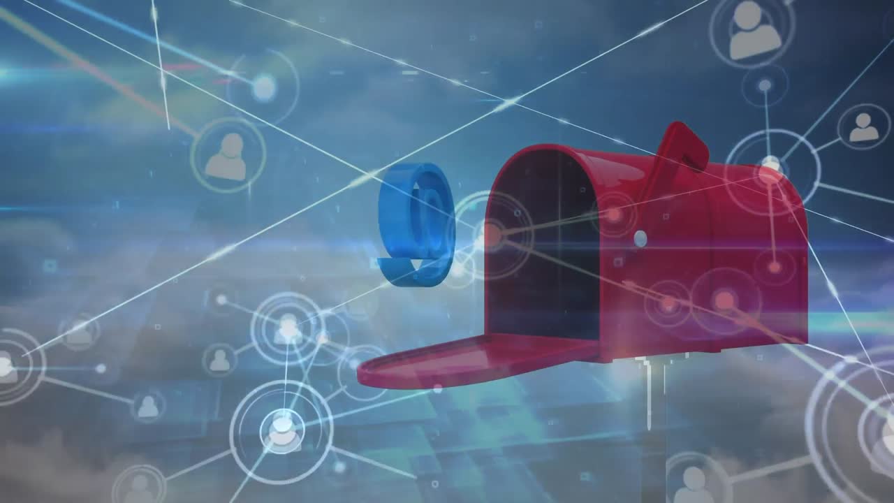 파란색 배경의 빨간 편지 상자 위에 아이콘과 이메일로 연결된 네트워크의 애니메이션