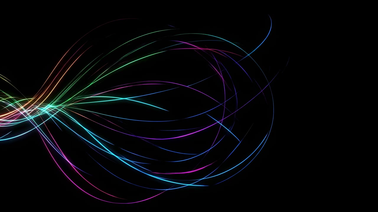 Gebogen gloeiende lichtstrepen stromen van links naar rechts over een zwarte achtergrond, waardoor een dynamische abstracte compositie ontstaat met levendige kleuren, zachte beweging en sterk contrast