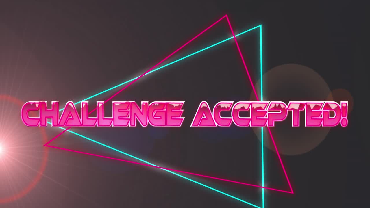 검은색 배경의 밝은 반점 위에 도전 받아들여진 텍스트와 모양의 애니메이션