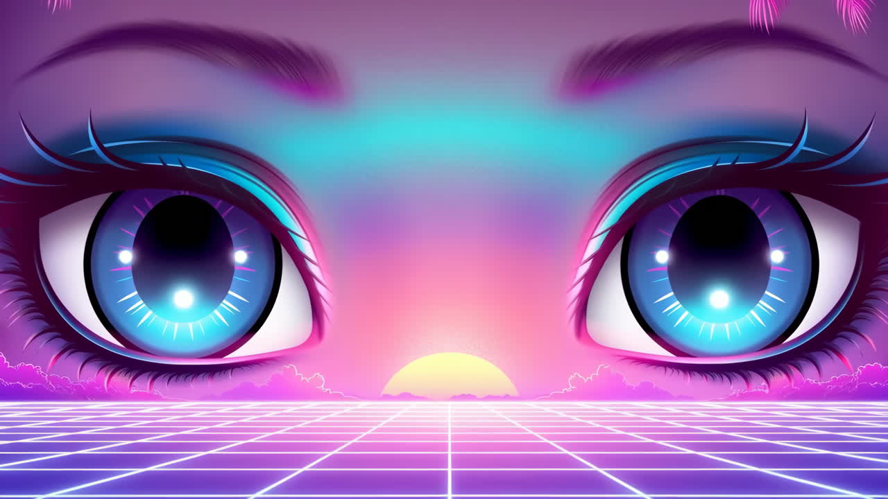 Vibrant Synthwave Eyes Over Neon Grid Sunset