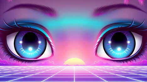 Vibrant Synthwave Eyes Over Neon Grid Sunset