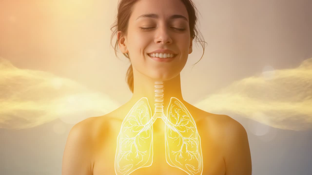 Spostamento di flussi dorati a mo' di disegno in sovrapposizione verso il petto, donna senza spalline che respira in studio rinnovandosi