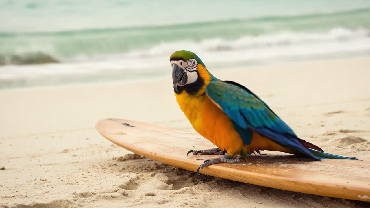 A Colorful Parrot Relaxing on a Surfboard by the Shoreline, Showcasing Its Vibrant Plumage Against a Beautiful Beach Backdrop