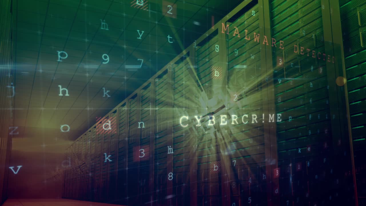 Animation of cyber attack warning over server room
