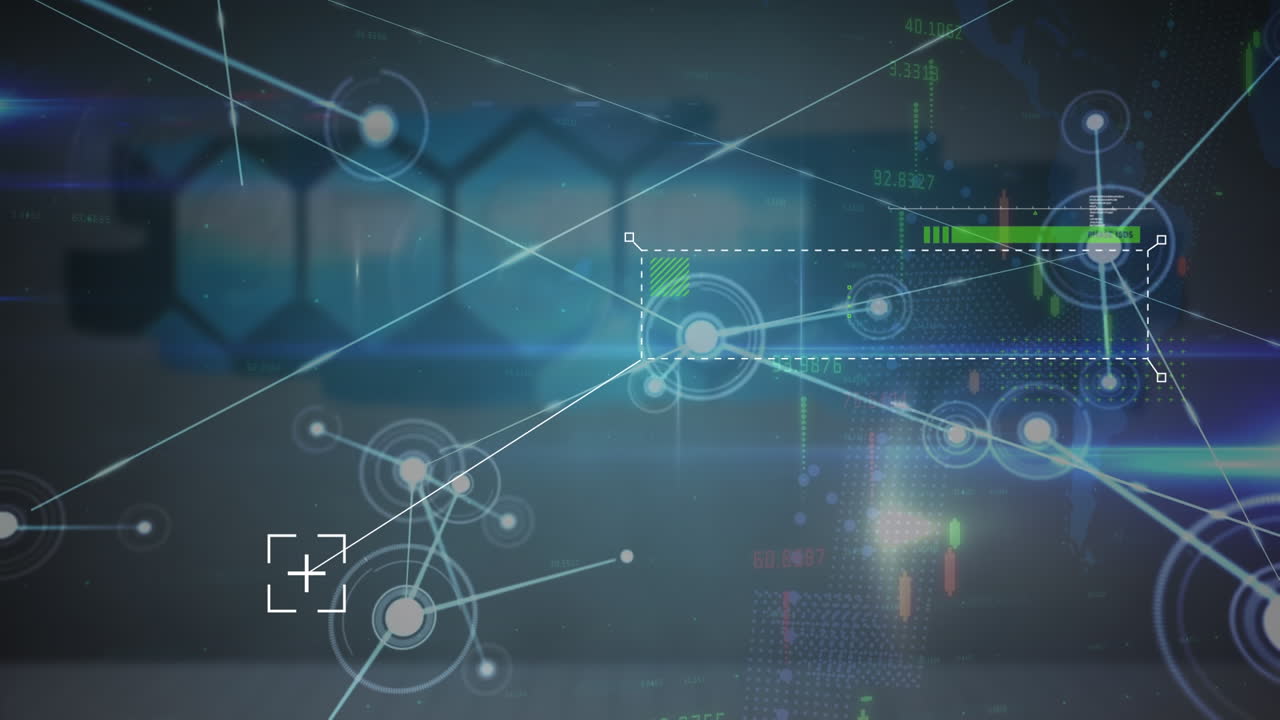 다양한 금융 데이터를 가진 블루 스크린을 통해 연결 네트워크의 애니메이션