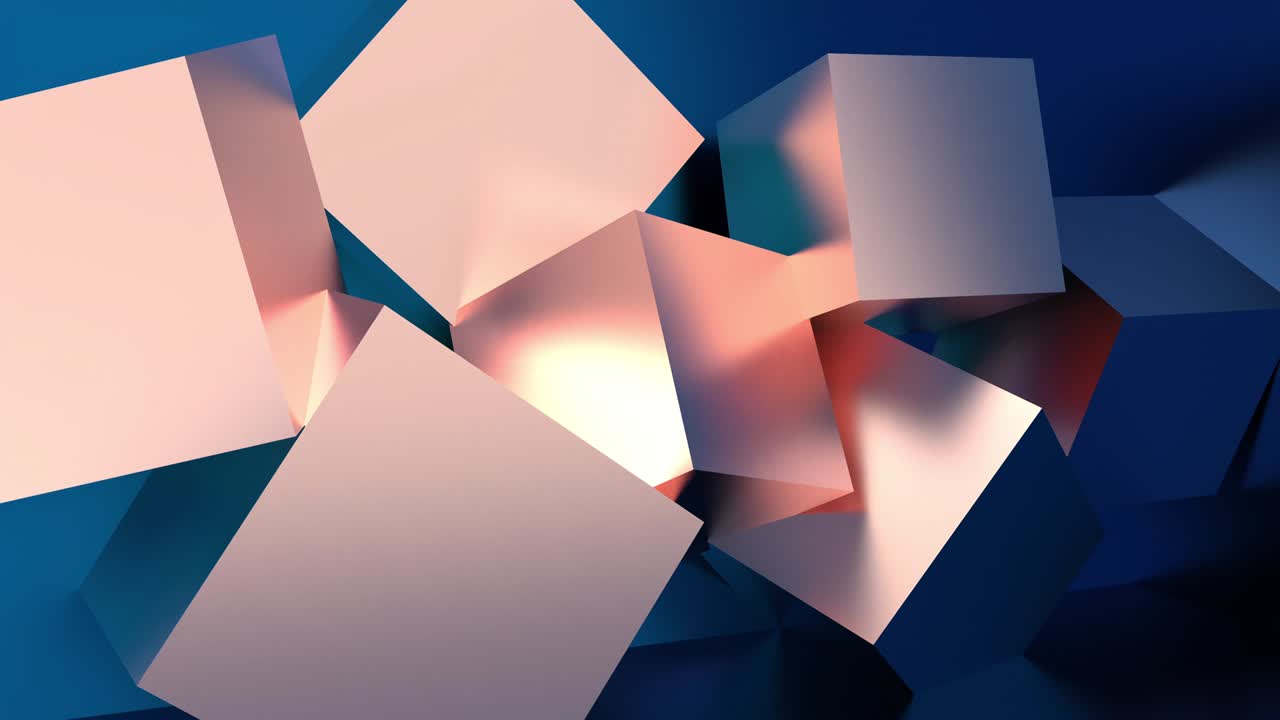 los cubos de acero futuristas rosados brillantes giran sobre un fondo azul minimalista. concepto de neón futuro del diseño, la moda y la tecnología. renderización 3d animación en bucle 4k