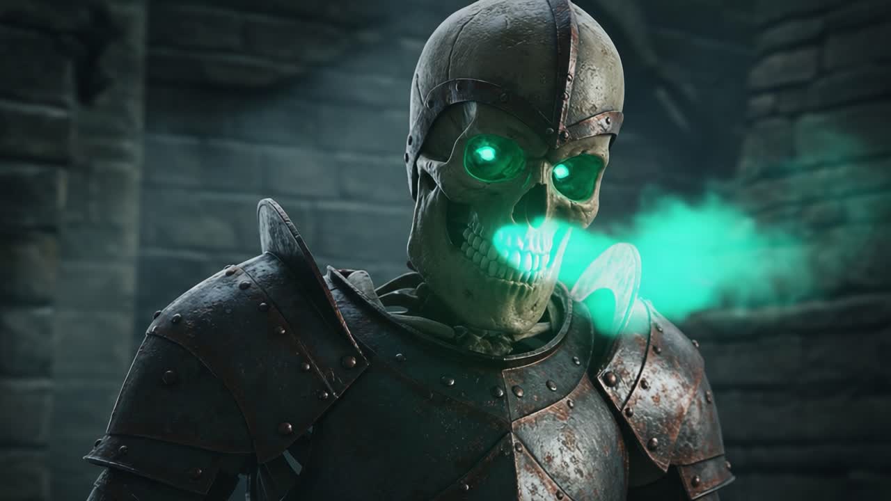 A menacing skeletal knight emerges from the shadows, showcasing glowing green eyes and eerie light emanating from its mouth, embodying an ancient warrior's spirit