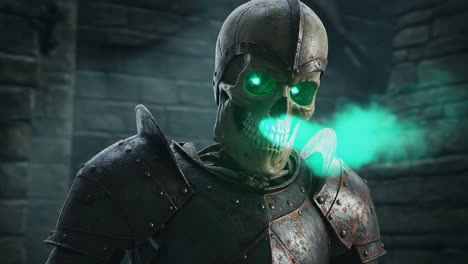 a menacing skeletal knight emerges from the shadows, showcasing glowing green eyes and eerie light emanating from its mouth, embodying an ancient warrior's spirit