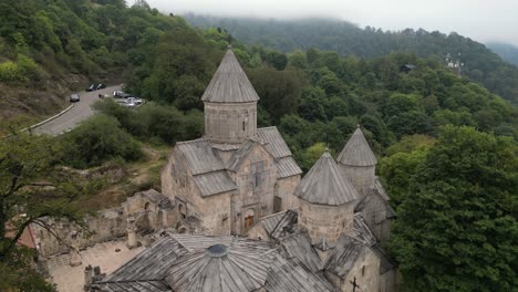 flyover the muted natural colors of haghartsin monastery in armenia